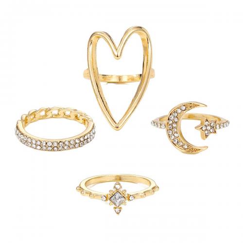 Zinc Alloy Ring Set, 4 pieces & fashion jewelry & for woman & with rhinestone, gold 