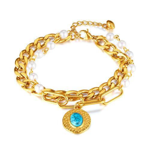 Edelstahl Charm Armband, 316 Edelstahl, mit Türkis & Kunststoff Perlen, mit Verlängerungskettchen von 3.5CM, plattiert, für Frau, keine, Länge:ca. 15 cm, verkauft von PC