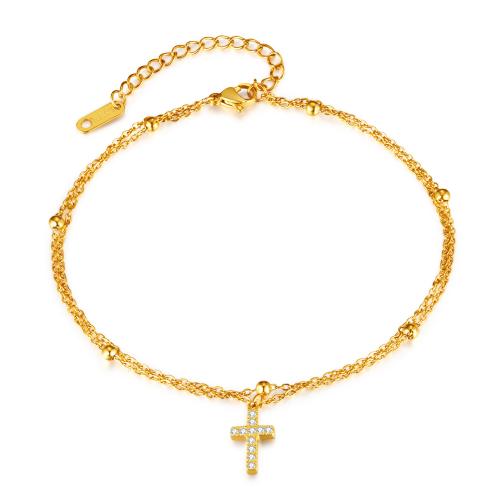 Stainless Steel Anklets Jewelry, 316 Stainless Steel, with 6.5CM extender chain, Cross, plated, micro pave cubic zirconia & for woman, golden Approx 23.5 cm 