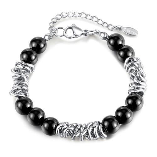 Black Agate Bracelets, 316 Stainless Steel, with Black Agate, with 5CM extender chain, plated, for woman, platinum color Approx 17 cm 