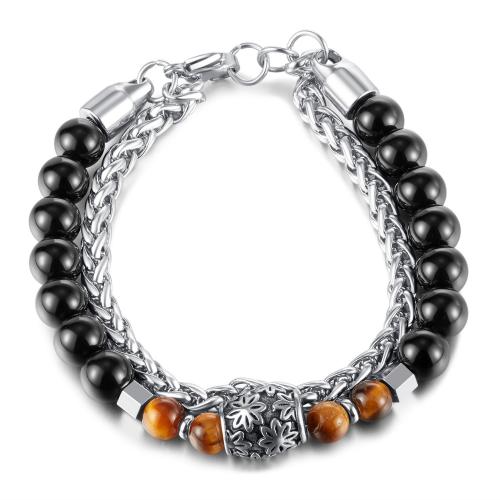 Gemstone Bracelets, 316 Stainless Steel, with Tiger Eye & Black Agate, plated, Unisex, platinum color Approx 21 cm 