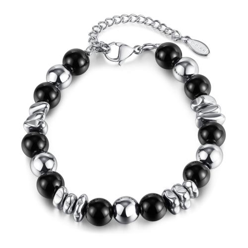 Black Agate Bracelets, 316 Stainless Steel, with Black Agate, with 5CM extender chain, plated, Unisex, platinum color Approx 18 cm 