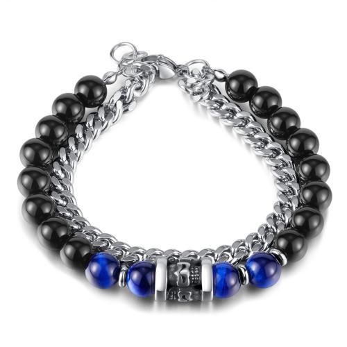 Bracelets en pierres précieuses, Acier inoxydable 316, avec oeil de tigre & agate noire, Placage, pour femme, couleur platine Environ 21 cm, Vendu par PC