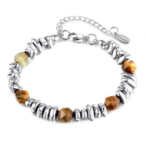 Bracelets en pierres oeil de tigre, Acier inoxydable 316, avec oeil de tigre, avec 5CM chaînes de rallonge, Placage, pour femme, couleur platine Environ 18 cm, Vendu par PC