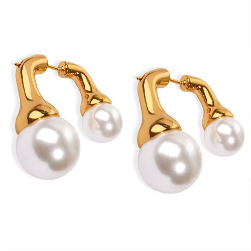 Brass Stud Earring, with Plastic Pearl, plated, for woman, golden 