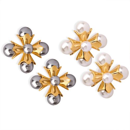 Brass Stud Earring, with Plastic Pearl, plated, for woman 