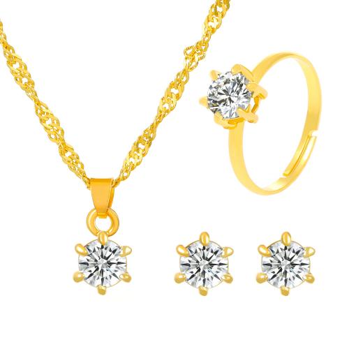 Cubic Zirconia Zinc Alloy Jewelry Sets, Stud Earring & finger ring & necklace, plated, three pieces & micro pave cubic zirconia & for woman 