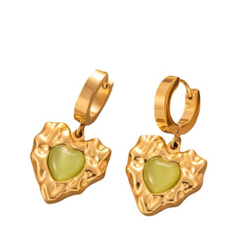 Titanium Steel Huggie Hoop Drop Earring, with Green Agate & Resin, gold color plated & for woman, earring length 30-50mm 