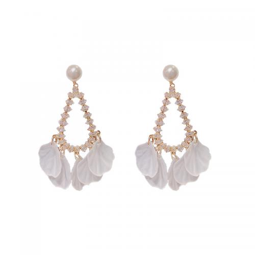 Brass Drop Earring, with Plastic Pearl & Acrylic, Teardrop, 14K gold plated, micro pave cubic zirconia & for woman 