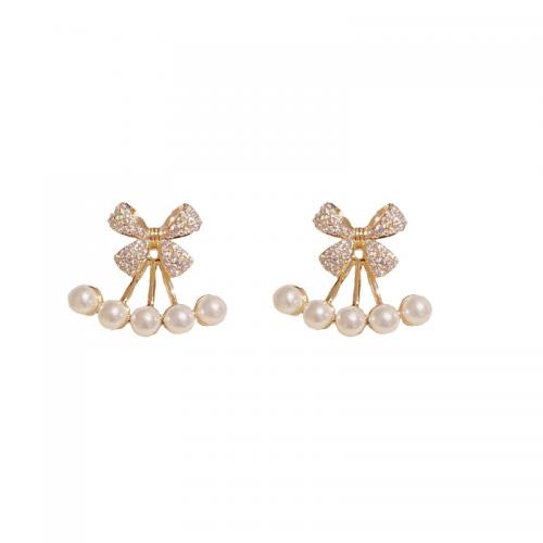 Brass Split Earring, with Plastic Pearl, Bowknot, 14K gold plated, for woman & with rhinestone 