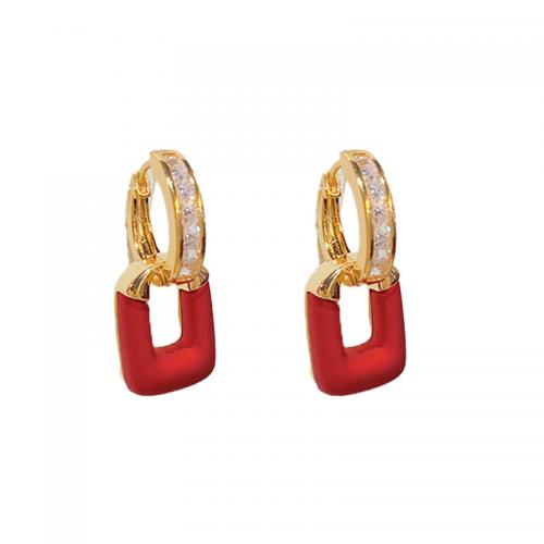 Brass Huggie Hoop Drop Earring, with Resin, Geometrical Pattern, 18K gold plated, micro pave cubic zirconia & for woman & hollow 