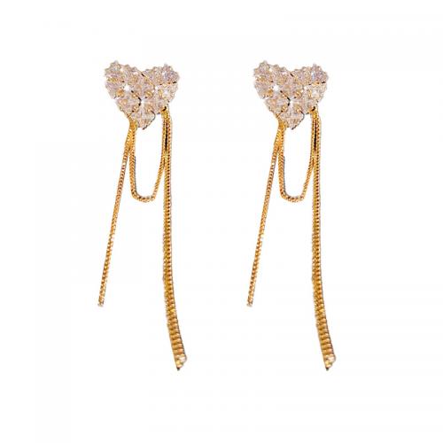 Brass Tassel Earring, Heart, 14K gold plated, micro pave cubic zirconia & for woman 