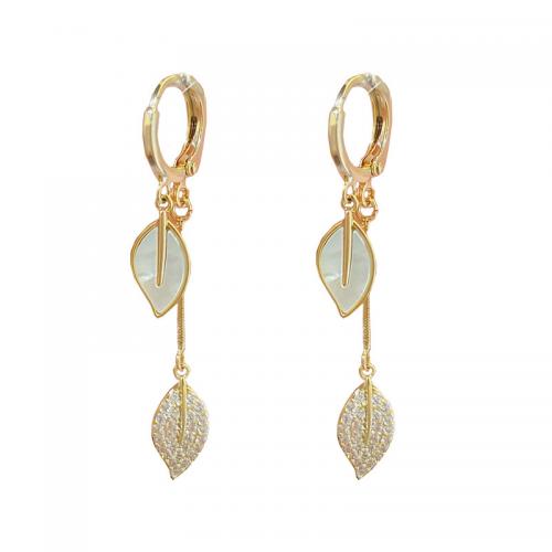 Brass Huggie Hoop Drop Earring, with White Shell, Leaf, 14K gold plated, micro pave cubic zirconia & for woman 