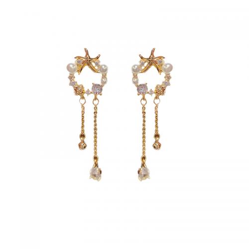 Brass Tassel Earring, with Plastic Pearl, Flower, 14K gold plated, micro pave cubic zirconia & for woman 