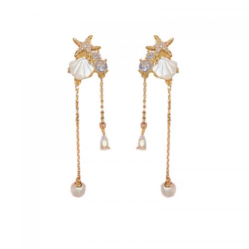Brass Tassel Earring, with White Shell & Plastic Pearl, Starfish, plated, micro pave cubic zirconia & for woman 