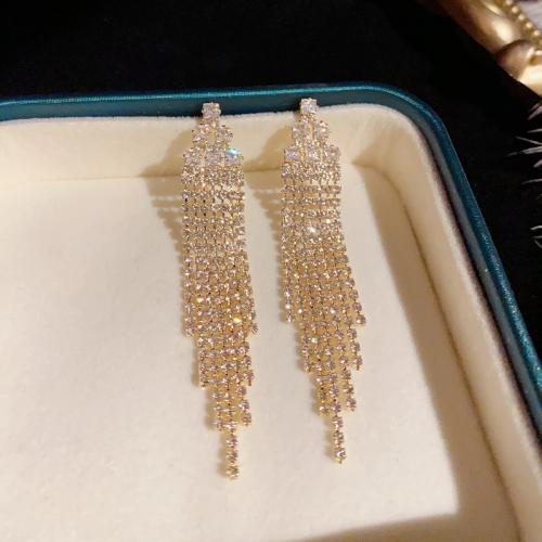 Brass Tassel Earring, Geometrical Pattern, 14K gold plated, micro pave cubic zirconia & for woman 