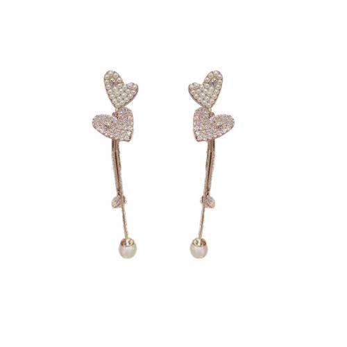 Brass Tassel Earring, with Plastic Pearl, Heart, plated, micro pave cubic zirconia & for woman 