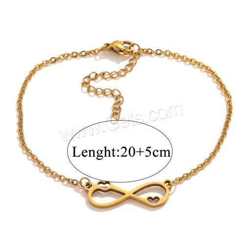 Stainless Steel Chain Bracelets, 304 Stainless Steel, with 5cm extender chain, Infinity, Vacuum Ion Plating, fashion jewelry & for woman & hollow, golden, nickel, lead & cadmium free Approx 20 cm 