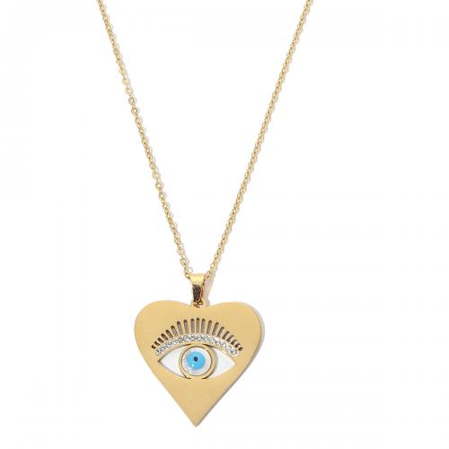 Evil Eye Jewelry Necklace, Titanium Steel, with Acrylic, Heart, Vacuum Ion Plating, fashion jewelry & for woman & enamel & with rhinestone, golden Approx 40-45 cm 