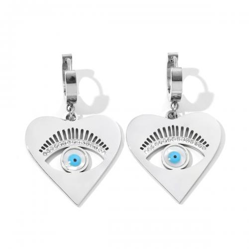 Evil Eye Earrings, Titanium Steel, with Acrylic, Heart, fashion jewelry & for woman & enamel & with rhinestone, original color 