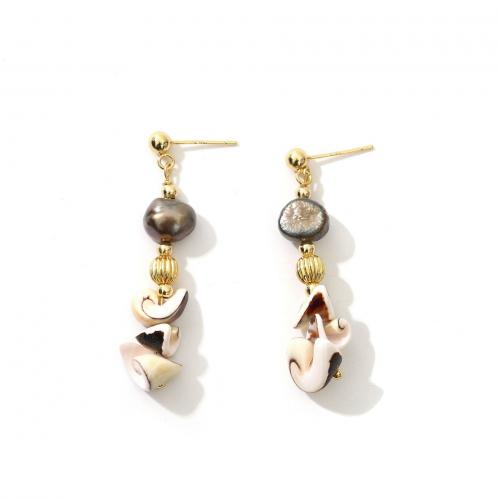 Freshwater Pearl Brass Earring, with Shell & Freshwater Pearl, real gold plated, fashion jewelry & for woman, mixed colors 