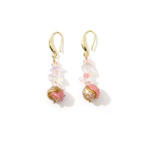 Freshwater Pearl Brass Earring, with Freshwater Pearl & Rose Quartz, real gold plated, fashion jewelry & for woman, mixed colors 