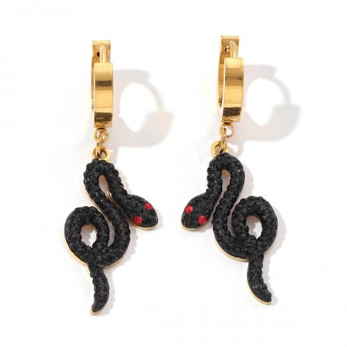Titanium Steel Earrings, Snake, Vacuum Ion Plating, fashion jewelry & for woman & with rhinestone, black 