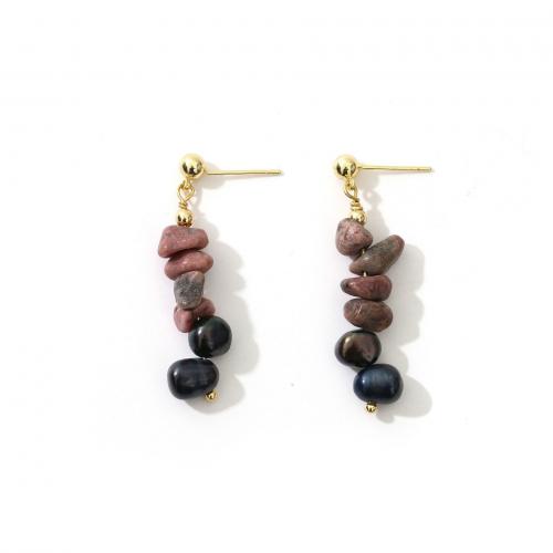 Freshwater Pearl Brass Earring, with Rhodonite & Freshwater Pearl, real gold plated, fashion jewelry & for woman, mixed colors 