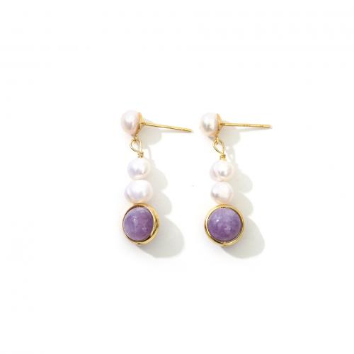 Freshwater Pearl Brass Earring, with Freshwater Pearl & Amethyst, real gold plated, fashion jewelry & for woman, mixed colors 