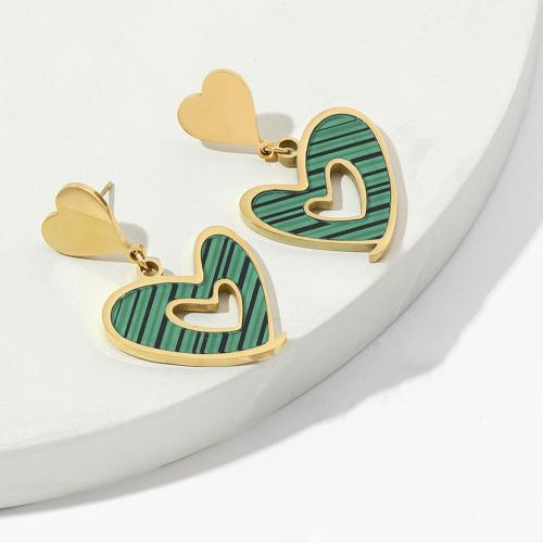Titanium Steel Earrings, with Acrylic, Heart, Vacuum Ion Plating, fashion jewelry & for woman & hollow, green 