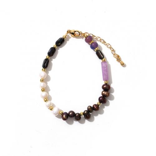 Cultured Freshwater Pearl Brass Bracelet, with Black Spinel & Aventurine & Freshwater Pearl, with 5cm extender chain, real gold plated, fashion jewelry & for woman, mixed colors Approx 15 cm 