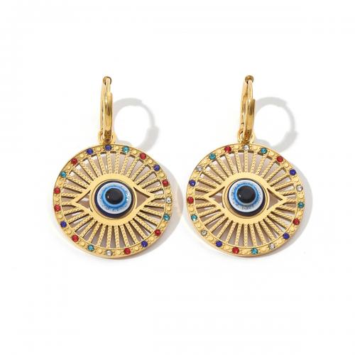 Evil Eye Earrings, Titanium Steel, Flat Round, Vacuum Ion Plating, fashion jewelry & for woman & enamel & with rhinestone & hollow, mixed colors 