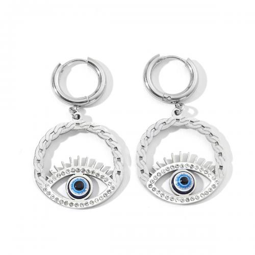 Evil Eye Earrings, Titanium Steel, Flat Round, fashion jewelry & for woman & enamel & with rhinestone & hollow, mixed colors 