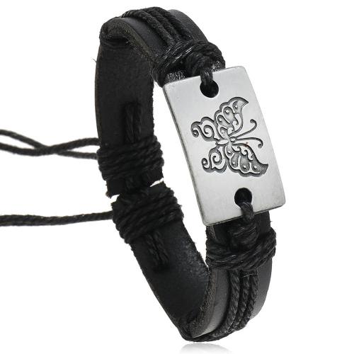 PU Leather Cord Bracelets, with Linen & Zinc Alloy, silver color plated, fashion jewelry & adjustable & for man 