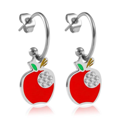 Stainless Steel Drop Earring, 304 Stainless Steel, Apple, fashion jewelry & for woman & enamel & with rhinestone 