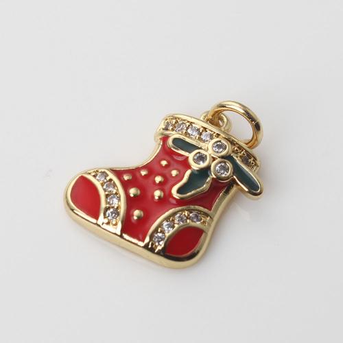 Cubic Zirconia Micro Pave Brass Pendant, Christmas Sock, gold color plated, DIY & micro pave cubic zirconia & enamel, red 