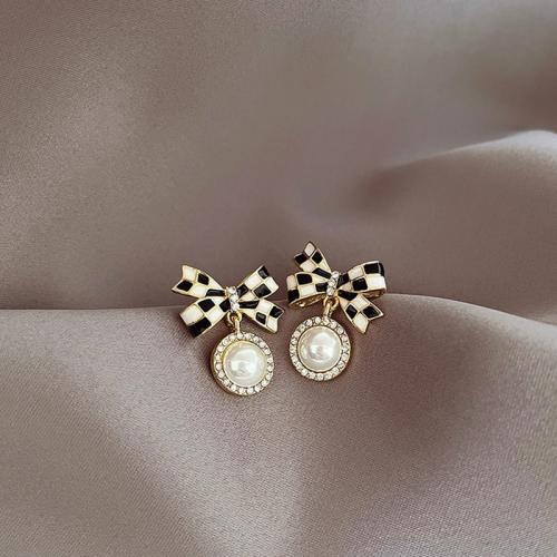 Plastic Pearl Zinc Alloy Earring, with ABS Plastic Pearl, plated, fashion jewelry & micro pave cubic zirconia, golden, 24mm 