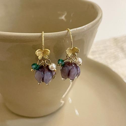 Boucle d'oreille en alliage de zinc en plastique perle, avec chalumeau & perle de plastique, fleur, Placage, bijoux de mode, violet Vendu par paire
