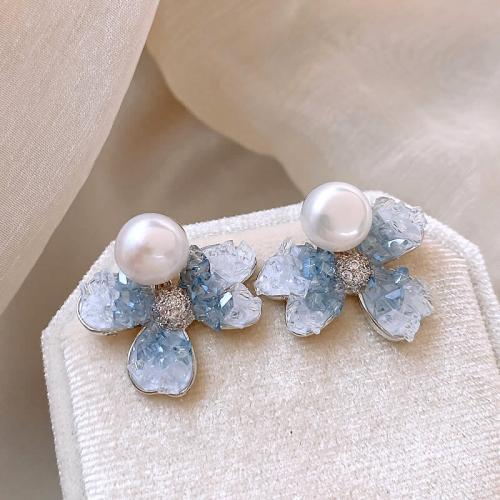 Zinc Alloy Rhinestone Stud Earring, with ABS Plastic Pearl & Crystal, Flower, plated, fashion jewelry & with rhinestone 