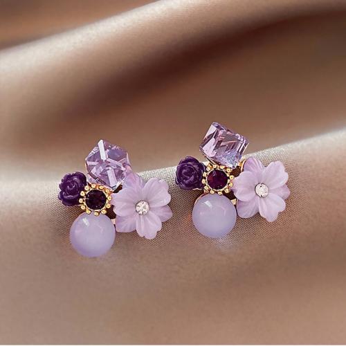 Zinc alliage strass Stud Earring, alliage de zinc, avec cristal & Acrylique, fleur, Placage, bijoux de mode & avec strass, violet Vendu par paire
