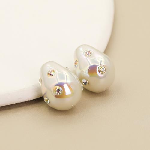 ABS Plastic Beads, ABS Plastic Pearl, Oval, DIY & with rhinestone, white, 17.5mm 
