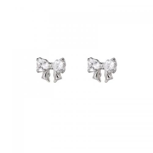 Sterling Silver Cubic Zirconia Earring, 925 Sterling Silver, Bowknot, plated, micro pave cubic zirconia & for woman, silver color 