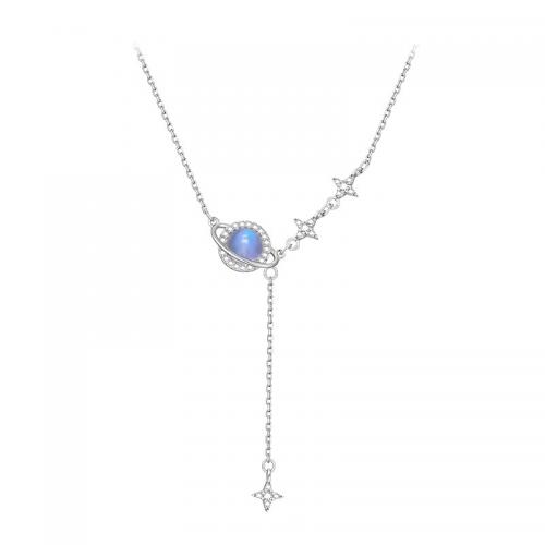 Cubic Zircon Micro Pave Sterling Silver Necklace, 925 Sterling Silver, with Moonstone, with 6CM extender chain, plated, micro pave cubic zirconia & for woman, silver color Approx 41 cm 