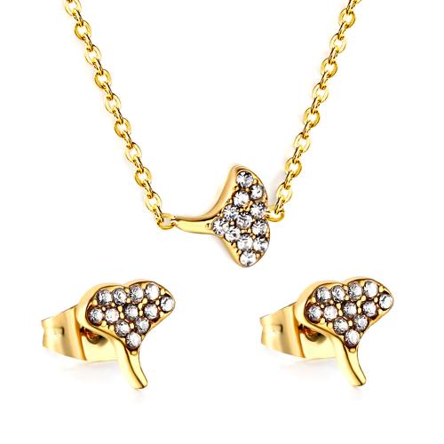 304 Stainless Steel Jewelry Set, Stud Earring & necklace, with 2inch extender chain, plated, 2 pieces & for woman & with rhinestone Approx 17.7 Inch 