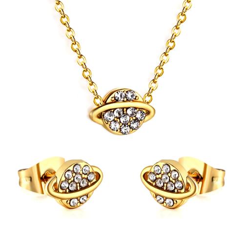 304 Stainless Steel Jewelry Set, Stud Earring & necklace, with 2inch extender chain, plated, 2 pieces & for woman & with rhinestone Approx 17.3 Inch 