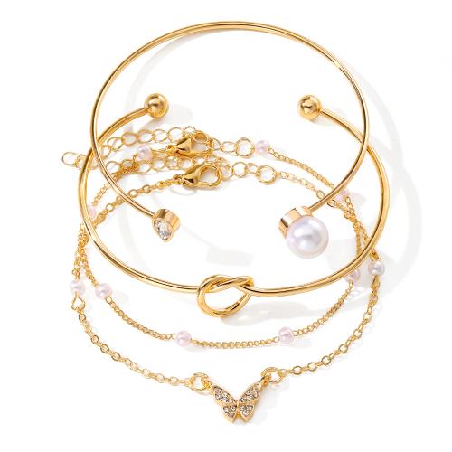 Zinc Alloy Bracelet Set, with Plastic Pearl, gold color plated, 4 pieces & for woman & with rhinestone 