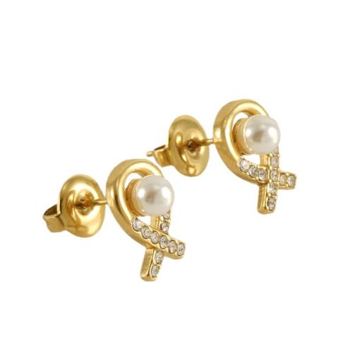 Stainless Steel Stud Earring, 304 Stainless Steel, with Plastic Pearl, 18K gold plated, fashion jewelry & for woman, golden 