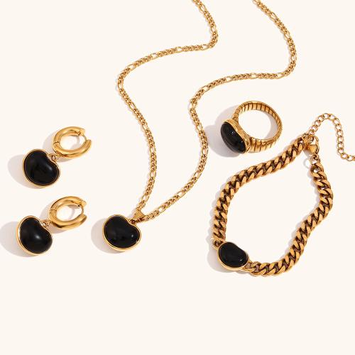 Fashion Stainless Steel Jewelry Sets, 316L Stainless Steel, with Black Agate, Heart, 18K gold plated, fashion jewelry & for woman, golden [