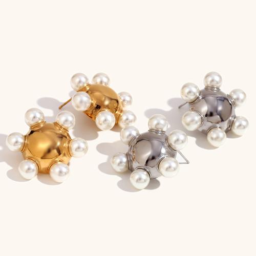 Stainless Steel Stud Earring, 316L Stainless Steel, with Plastic Pearl, Vacuum Ion Plating, fashion jewelry & for woman 31.8mm 