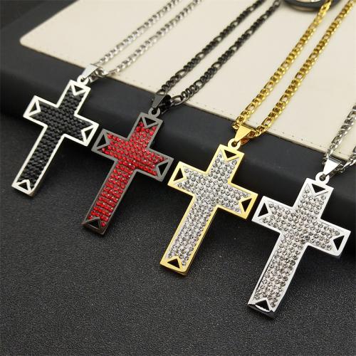 Stainless Steel Jewelry Necklace, 304 Stainless Steel, Cross, polished, fashion jewelry & Unisex & with rhinestone Approx 50 cm 